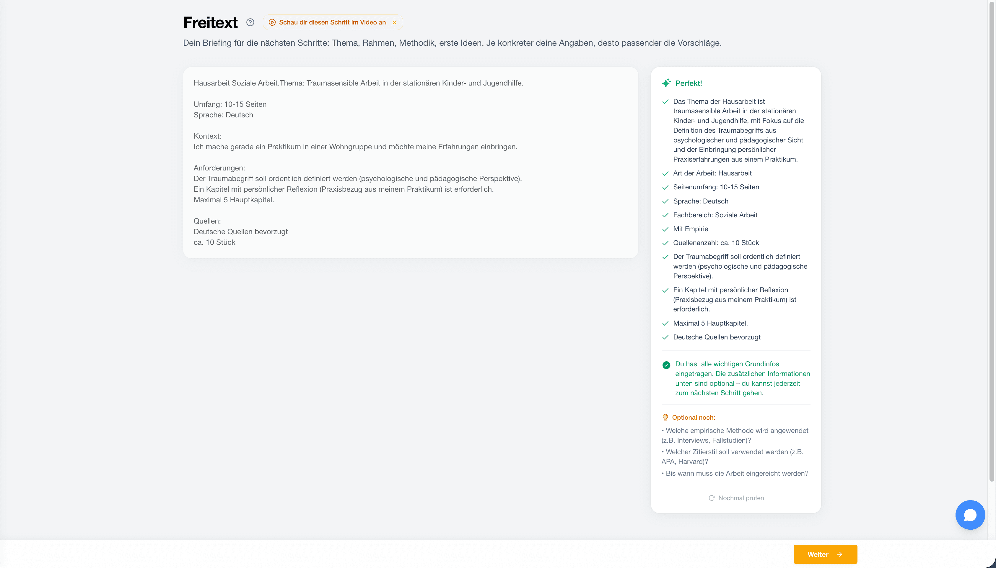 StudyTexter Freitext-Eingabe für Thema, Fachbereich und Anforderungen einer Thesis