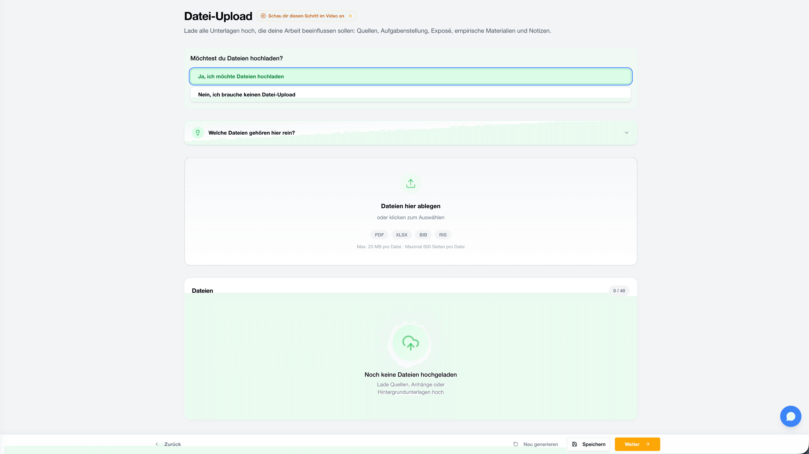 StudyTexter Uploadbereich für Quellen, Vorgaben und Thesis-Material