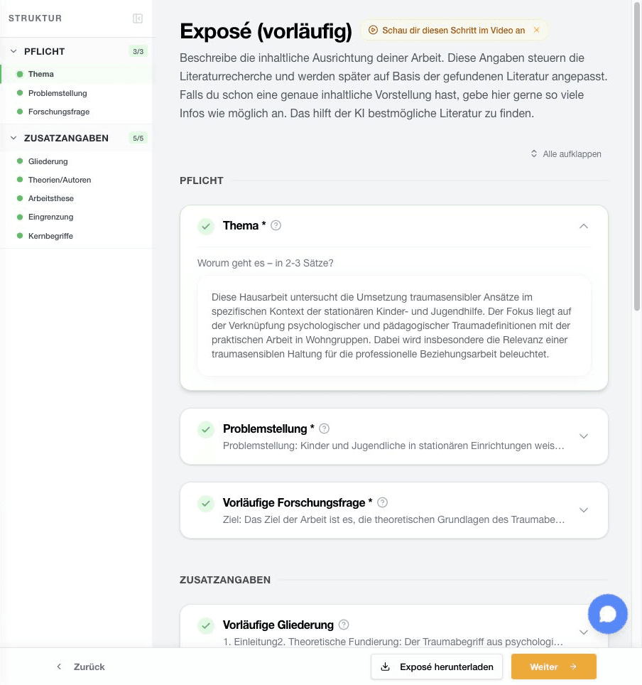 StudyTexter Ansicht für ein vorläufiges Exposé mit Forschungsfrage und Struktur