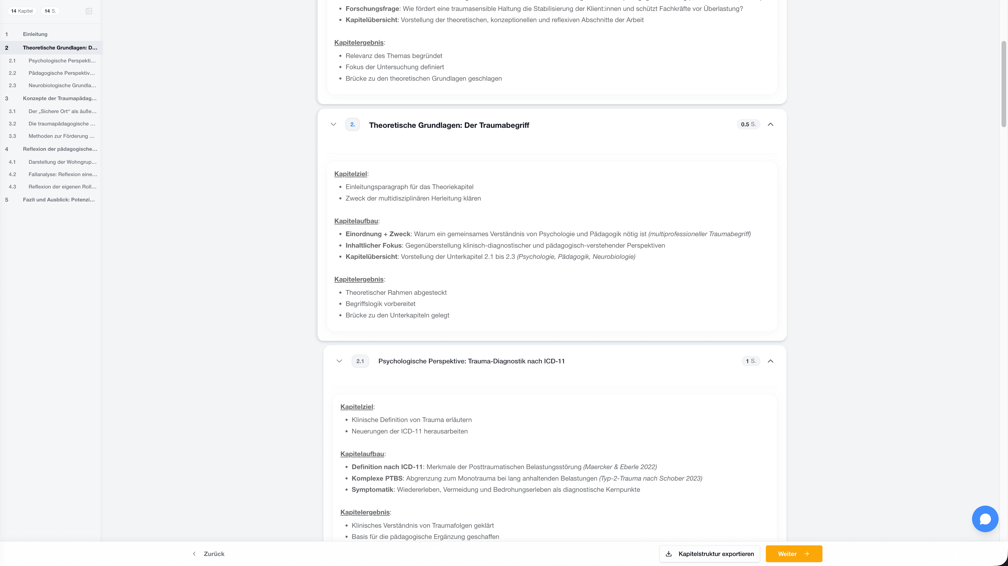 StudyTexter Kapitelstruktur mit Kapitelaufgaben, Umfang und Quellenbezug