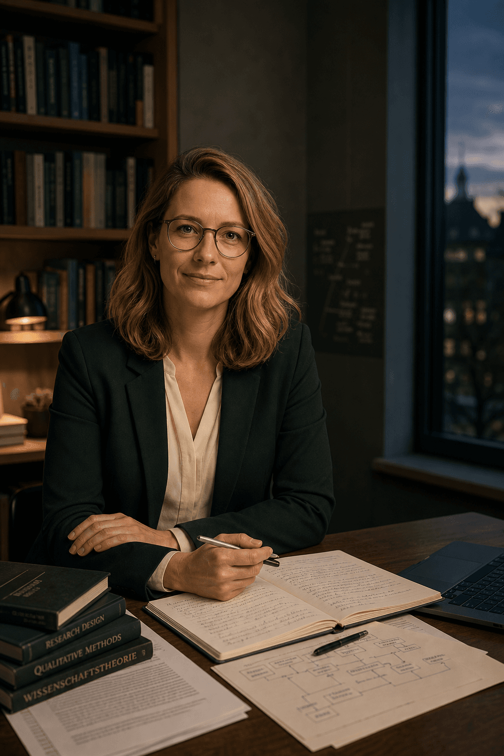 Mara Lindner an einem Schreibtisch mit Quellen, Notizen und Methodenskizzen